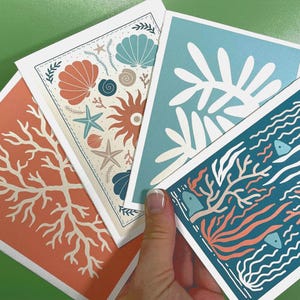 Moderne Boho Sea Life-notitiekaarten uit het midden van de eeuw: 8 of 16 met enveloppen, stickersluitingen beschikbaar. Perfect voor bedankbriefjes voor oceaanliefhebbers