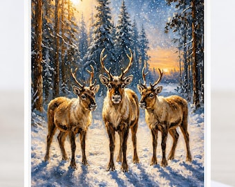Christmas Cards with Envelopes- Woodland Reindeer Winter Forest Oil Painting Note Card Set - Personalized- Bulk