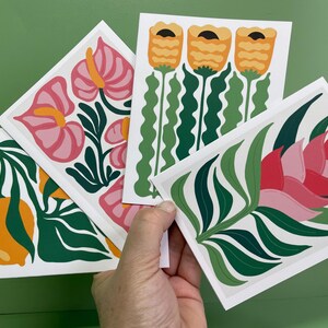 Mid Century Modern Tropical Floral Note Cards – Set vivace con buste. Adesivi opzionali. Perfetti per biglietti di ringraziamento e regali!