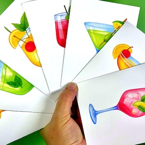 Cartões e adesivos para coquetéis de verão – bebidas vibrantes em aquarela, com interior em branco, perfeitas para festas, presentes ou para comemorar o dia a dia!