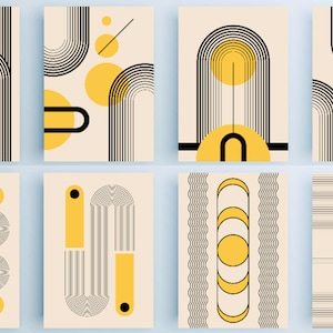 Mid-Century Modern Bauhaus Briefkarten Set – Geometrische abstrakte Motive mit Umschlägen & optionalen Aufklebern. Perfekt für Geschenke - Schriftverkehr!