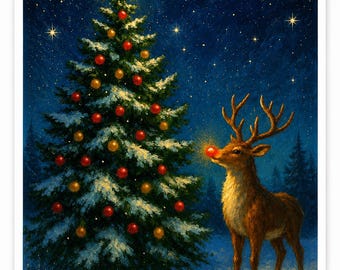 Woodland Reindeer Christmas Tree Card | Blank A2 Holiday Greeting Stationery