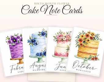 Birth Month Flower Note Cards Set of 12 Unique Images, Blank Note Cards with Envelopes, Watercolor Floral Stationery- Stickers Available