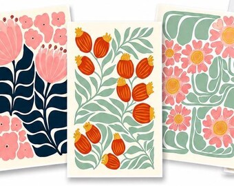 Vintage Floral Note Card Set – 28 Mid-Century Modern Designs, A2 Size Cards w/ Envelopes