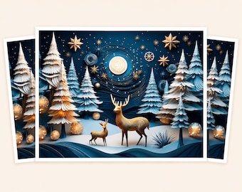May include: A digital art print featuring a golden deer and fawn standing in a snowy forest at night. The scene includes layered paper-style pine trees, glowing orbs, a bright full moon, and golden stars against a deep blue swirling sky.