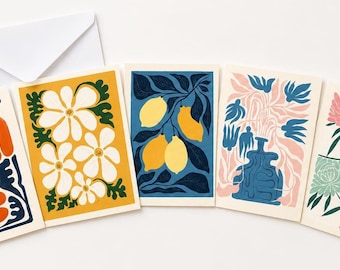 Mid Century Modern Floral Stationery Set: 14 Blank Cards with Envelopes – Retro Art Prints