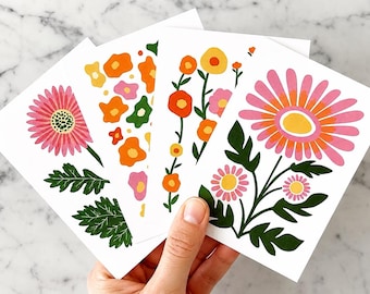 Floral Note Cards - Set of 12 - Mid-Century Modern / Boho Art - Each Card Unique