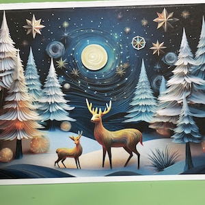Jeu de cartes de Noël Nuit étoilée - De charmantes scènes hivernales de rennes des bois et de neige sur du papier cartonné épais avec des enveloppes blanches. Autocollants en option !