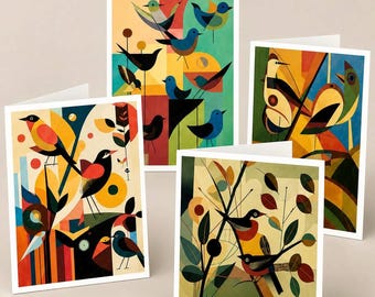 Conjunto de cartões de agradecimento com envelopes e tema de pássaros, estilo moderno de meados do século XX. Conjunto de 16 cartões de agradecimento abstratos em formato A2 com tema de pássaros, estilo moderno de meados do século XX.