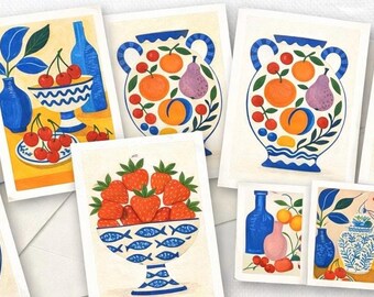 Mediterranean Fruit Note Cards Set of 8 – Italian Summer A2 Cards with Envelopes & Matching Stickers Available.