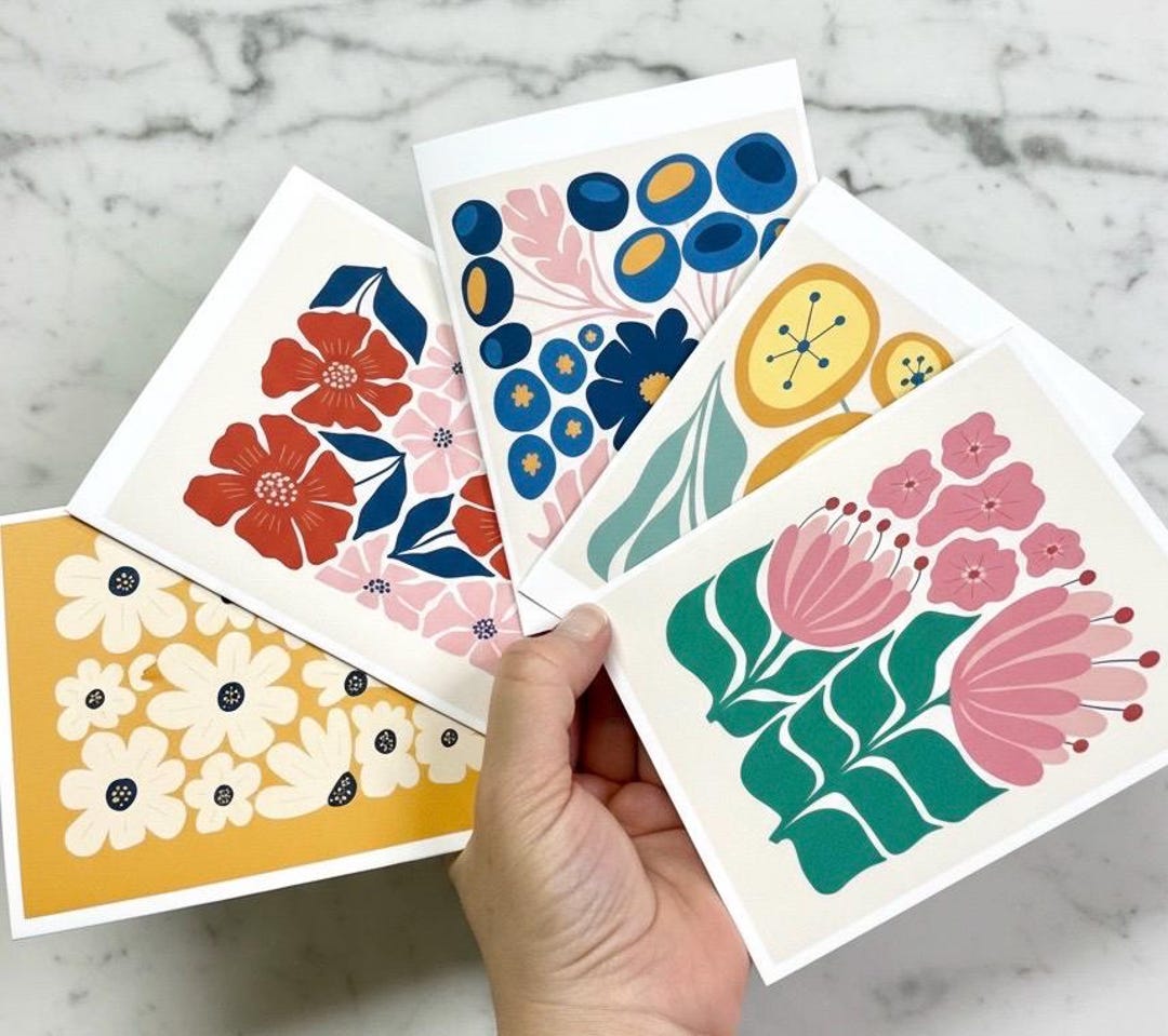 Mid Century Modern Floral Note Card Set: Retro Thank You Cards - Etsy