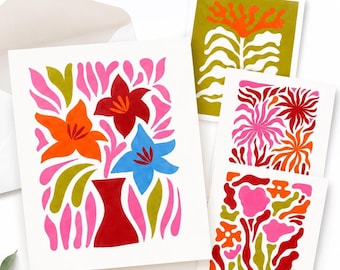Set of 12 Mid Century Modern Floral Notecards, Abstract Botanical A2 Greeting Cards