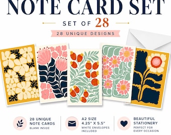 Vintage Floral Note Card Set – 28 Mid-Century Modern Designs, A2 Size Cards w/ Envelopes