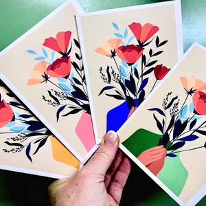 Ensemble de cartes pour notes florales modernes Mid-Century - 14 cartes vierges avec enveloppes et autocollants en option. Élégante - Cartes de voeux artistiques