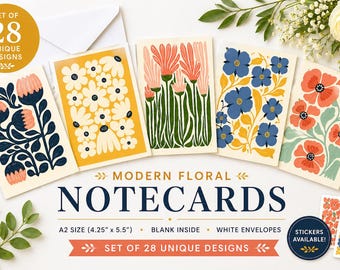 28 Unique Floral Notecards | Mid Century Modern Stationery Set, Blank Cards