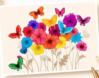 Set of 12 Colorful Floral Butterfly A2 Note Cards, Whimsical Stationery