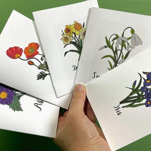 Notitiekaarten geboortebloem: set van 12 of 24 met enveloppen. Elke kaart heeft een unieke geboortebloem die overeenkomt met de maand! Stickers beschikbaar