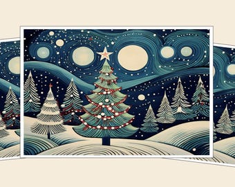 Scandinavian Art Christmas Tree Cards – Winter Starry Night Sky Holiday Greeting Note Cards Personalizable