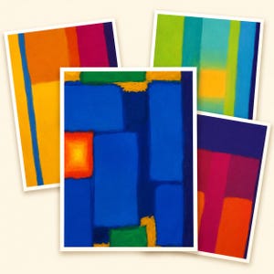 May include: A collection of four rectangular art prints featuring abstract compositions of bold, solid color blocks. The prints display vibrant shades of blue, orange, yellow, green, and magenta arranged in vertical and horizontal patterns.