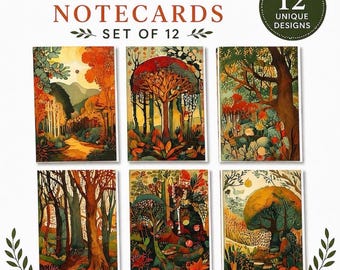 Woodland Forest Notecard Set, 12 Unique Nature Landscape Designs, Botanical A2 Stationery (With Envelopes)