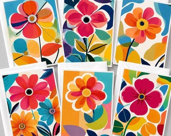 Mid Century Modern Floral Note Cards Set of 8 | Colorful Retro A2 Greeting Cards | Modern Abstract Flower Stationery with White Envelopes