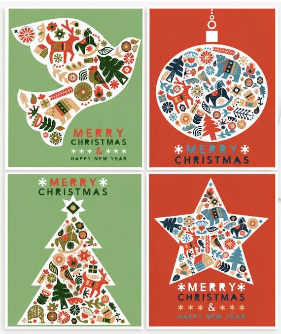 Scandinavian Folk Art Christmas Note Cards Set of 8 | A2 Holiday Greeting Cards | Nordic Winter Cards with White Envelopes