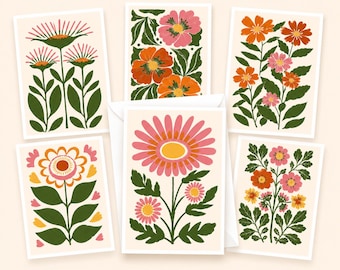 Floral Note Cards - Set of 12 - Mid-Century Modern / Boho Art - Each Card Unique