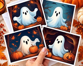 Set van 8 Halloween spooknotitiekaarten, schattige griezelige notitiekaarten, vintage Halloween briefpapier, pompoen spookkaarten, herfstcadeau