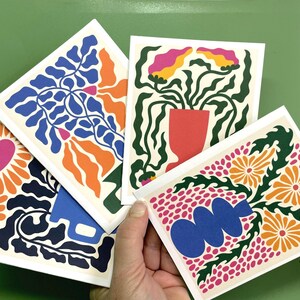 24 notitiekaarten met abstracte bloemen in doos - op Matisse geïnspireerd ontwerp uit het midden van de eeuw
