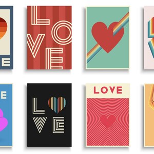 Zestaw papeterii Retro Love & Heart – Boho Mid-Century Design. Pudełko prezentowe, koperty. Dostępne wodoodporne naklejki.