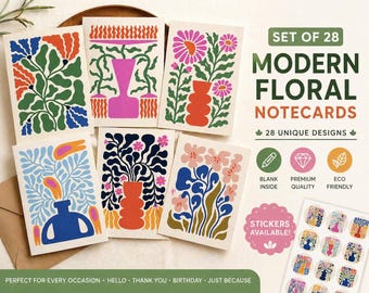 Mid Century Modern Abstract Floral Note Cards Set with Envelopes