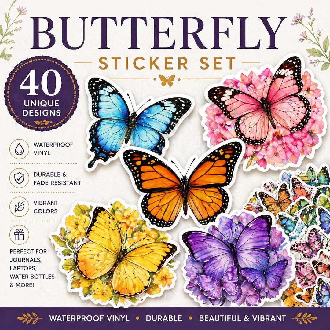 40 Butterfly Stickers, Waterproof Vinyl Decals, Colorful Cottagecore ...