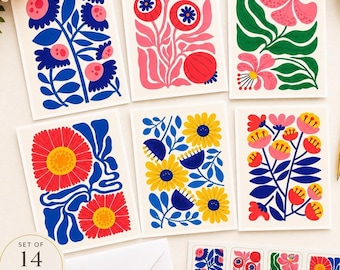 Juego de tarjetas de notas florales de estilo moderno de mediados de siglo / 14 tarjetas A2 con sobres y pegatinas.