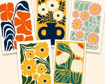 Vintage Floral Note Cards – Mid-Century Modern Designs, Set of 28 (A2 Size)