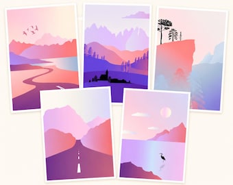 Scandinavian Landscape Note Cards, Modern Mountain Stationery, Boho Nature Greeting Cards