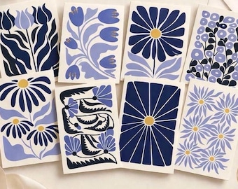 Mid-Century Modern Botanical Floral Note Cards – Blue Art Stationery Set