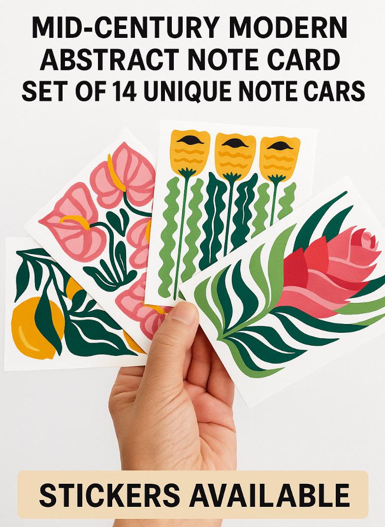 Mid Century Modern Tropical Floral Note Cards – Vibrant 14 Car Set with Envelopes. Optional Stickers. Perfect for Thank You Notes & Gifting!