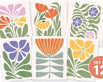 Modern Floral Notecards, Pastel Botanical Stationery Set, Minimalist Blank Cards (12 Pack)