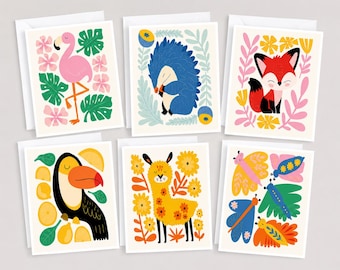 Whimsical Children’s Note Cards Set of 14 | Cute Animal A2 Greeting Cards for Kids | Modern Kids Stationery with White Envelopes