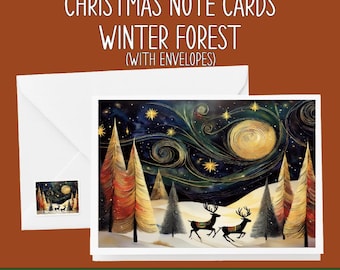 Starry Night Woodland Christmas Cards with Reindeer & Trees - Gift Boxed Set