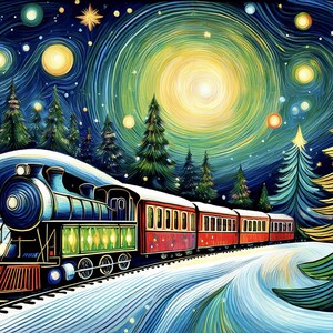 Sternennacht-Weihnachtskarten-Set mit einer magischen Polar-Express-Szene. Geschenk verpackt und Umschlag. Optionale Aufkleber