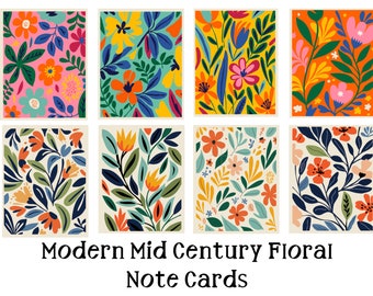 Mid Century Modern Floral Note Card Set With Envelopes -Blank Notecard Set 8 or 16 Thank You Cards & Envelope Sticker Option-Gift Boxed