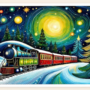 May include: A vibrant illustration of a red and blue steam train traveling through a snowy landscape at night. The scene features evergreen trees, a bright yellow moon, and a swirling starry sky with colorful glowing orbs above the train.