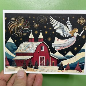 Set di biglietti di auguri natalizi popolari scandinavi: Arcangelo, fienile festoso e scena di notte stellata. Biglietti di auguri natalizi con buste, in confezione regalo!