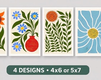 Set of 8 Mid Century Modern Floral Postcards, Botanical Stationery (4x6 or 5x7)