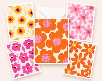 14 Modern Floral Note Cards, Abstract Mid Century Stationery Set, Blank Colorful Cards