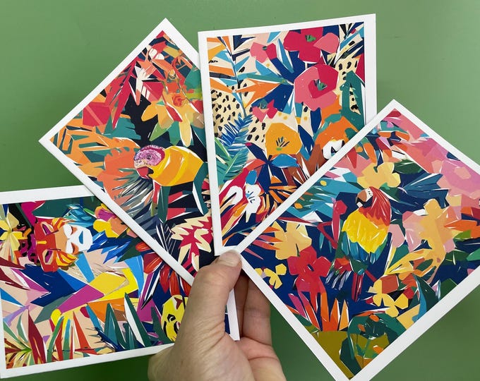 Featured listing image: Modern Jungle Tropical Abstract Note Card Set-Blank Note Card Set 8/16 Thank You Cards-Sticker Seals Available.Clear Boxed Floral Thank You