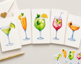 Watercolor Cocktail Notecards Set: Tropical Drinks Stationery with Envelopes