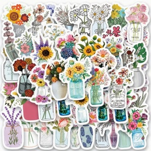 Conjunto de adesivos de flores mistas à prova d'água. Conjunto de 50 adesivos, laptop, caderno, armário, scrapbooking, diário, adesivos de buquê floral
