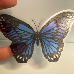 Pegatina de mariposa azul - Resistente al agua y apta para lavavajillas - ¡Translúcida/transparente! 5 tamaños: 2,5 cm, 7,6 cm, 10 cm y 12,7 cm. La foto es una pegatina de 10 cm. ¡Preciosa!